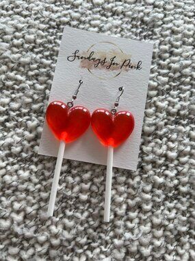 LOLLIPOP Red Heart Candy Love Earrings NEW